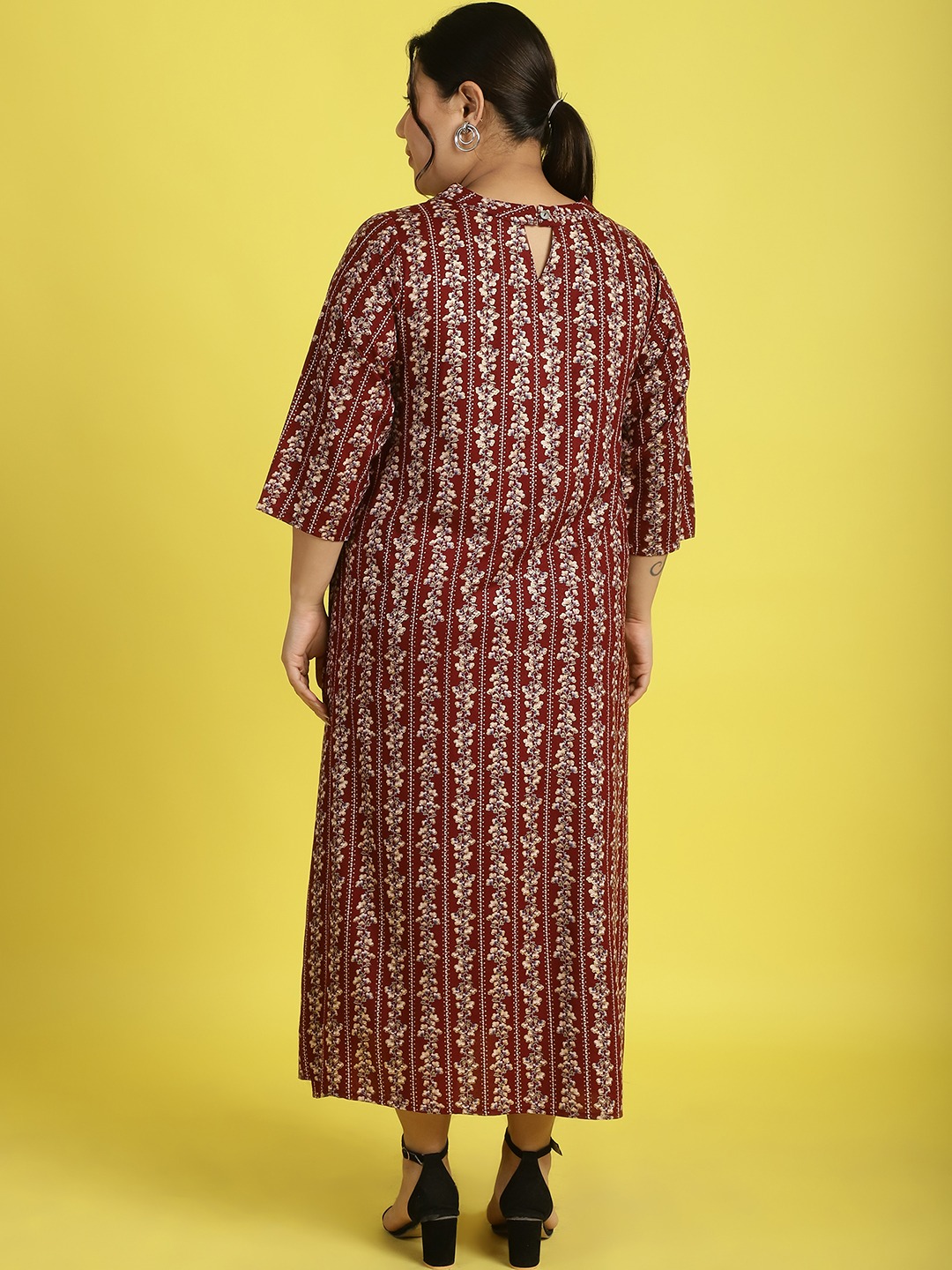 Women's Plus Size Maroon Gold floral printed A-Line Midi dress