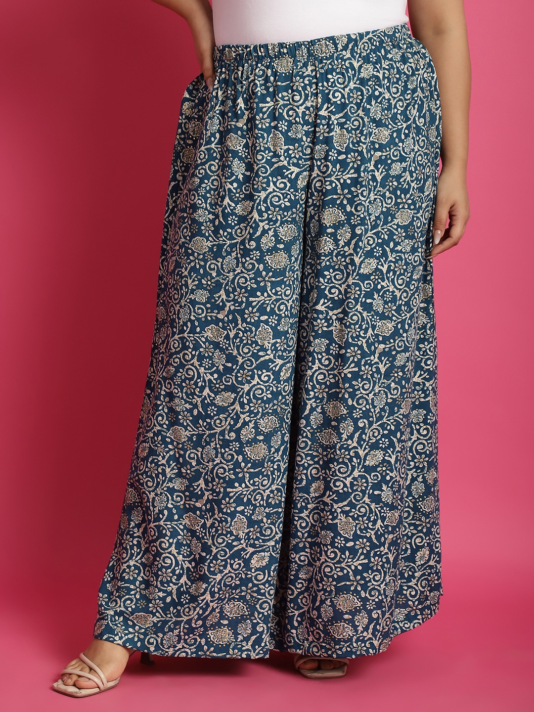 Women's Plus Size Teal floral batik printed casual Palazzo
