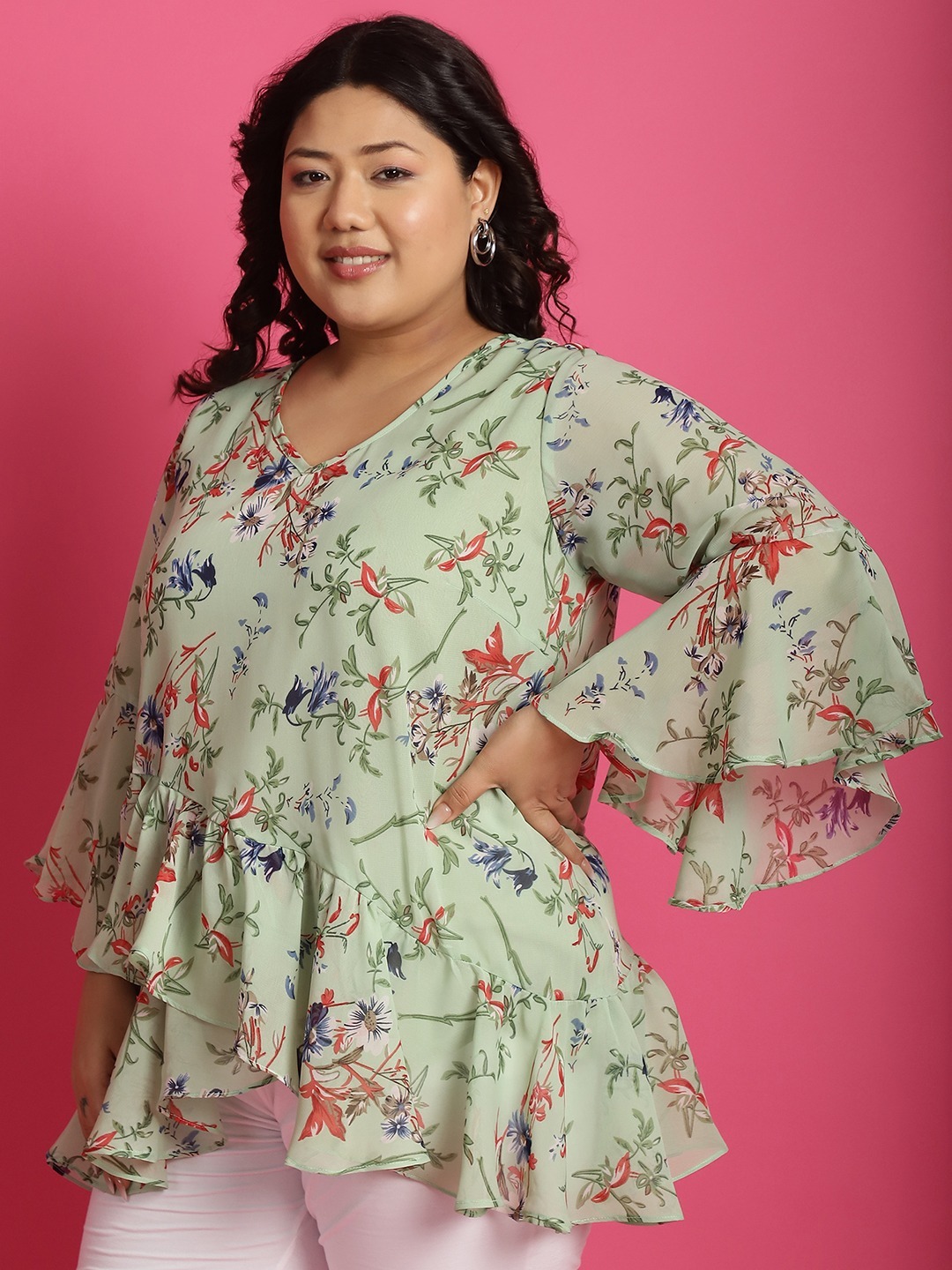 Women's Plus SizeGreen Sea Green and Red Floral Printed Georgette Longline Wrap Top