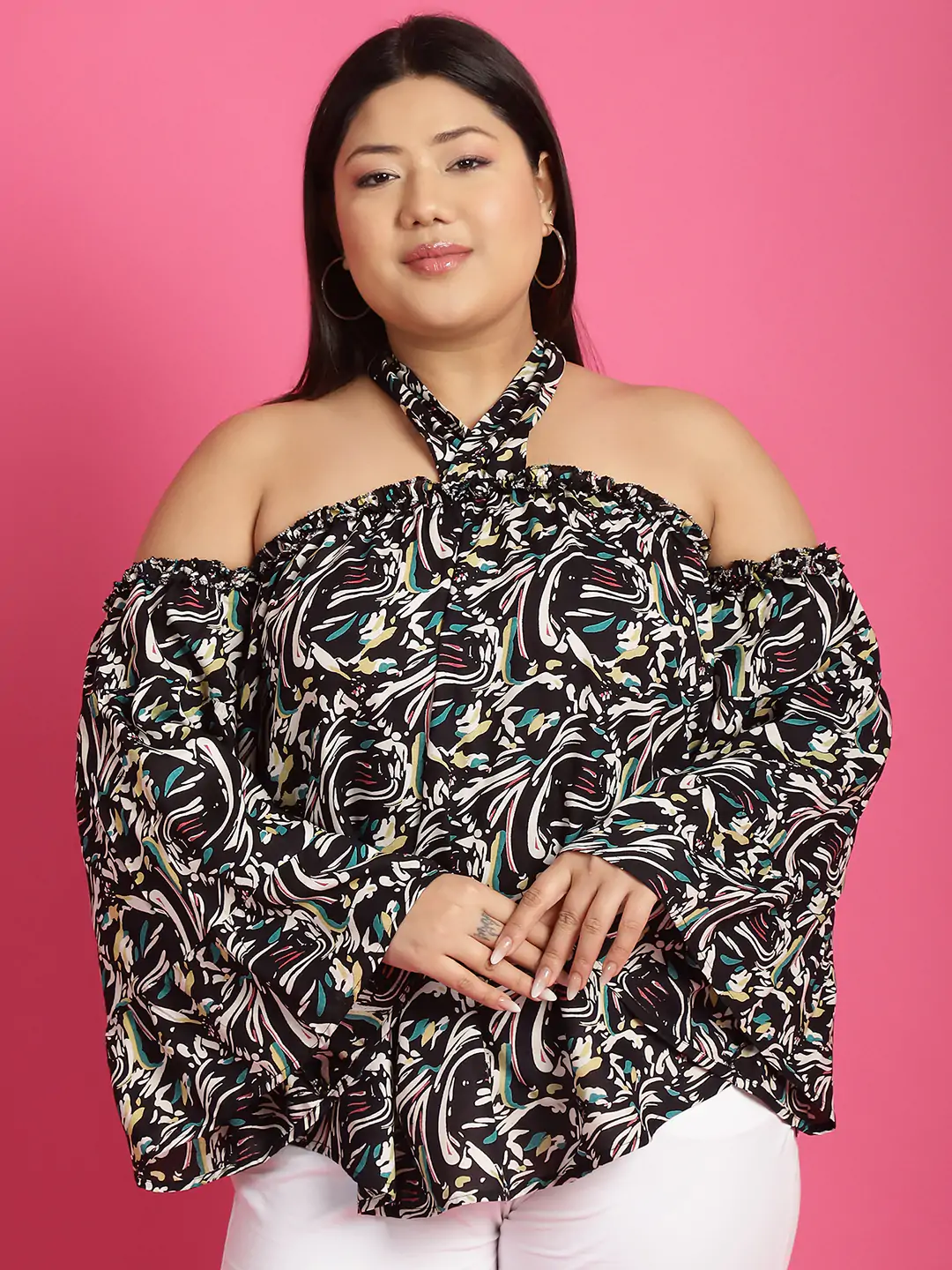 Women's Plus Size Black abstract printed halter Neck Top