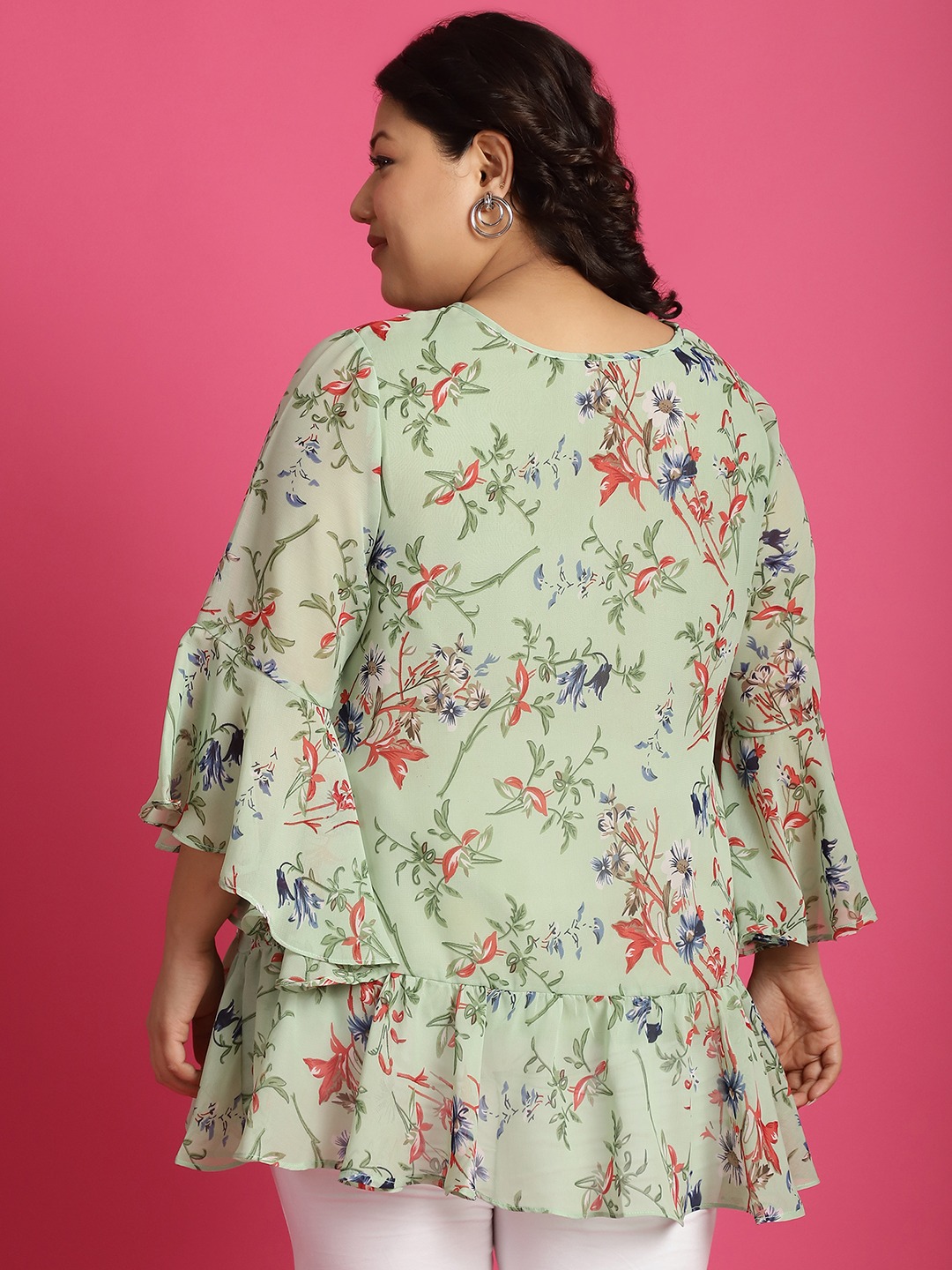 Women's Plus SizeGreen Sea Green and Red Floral Printed Georgette Longline Wrap Top