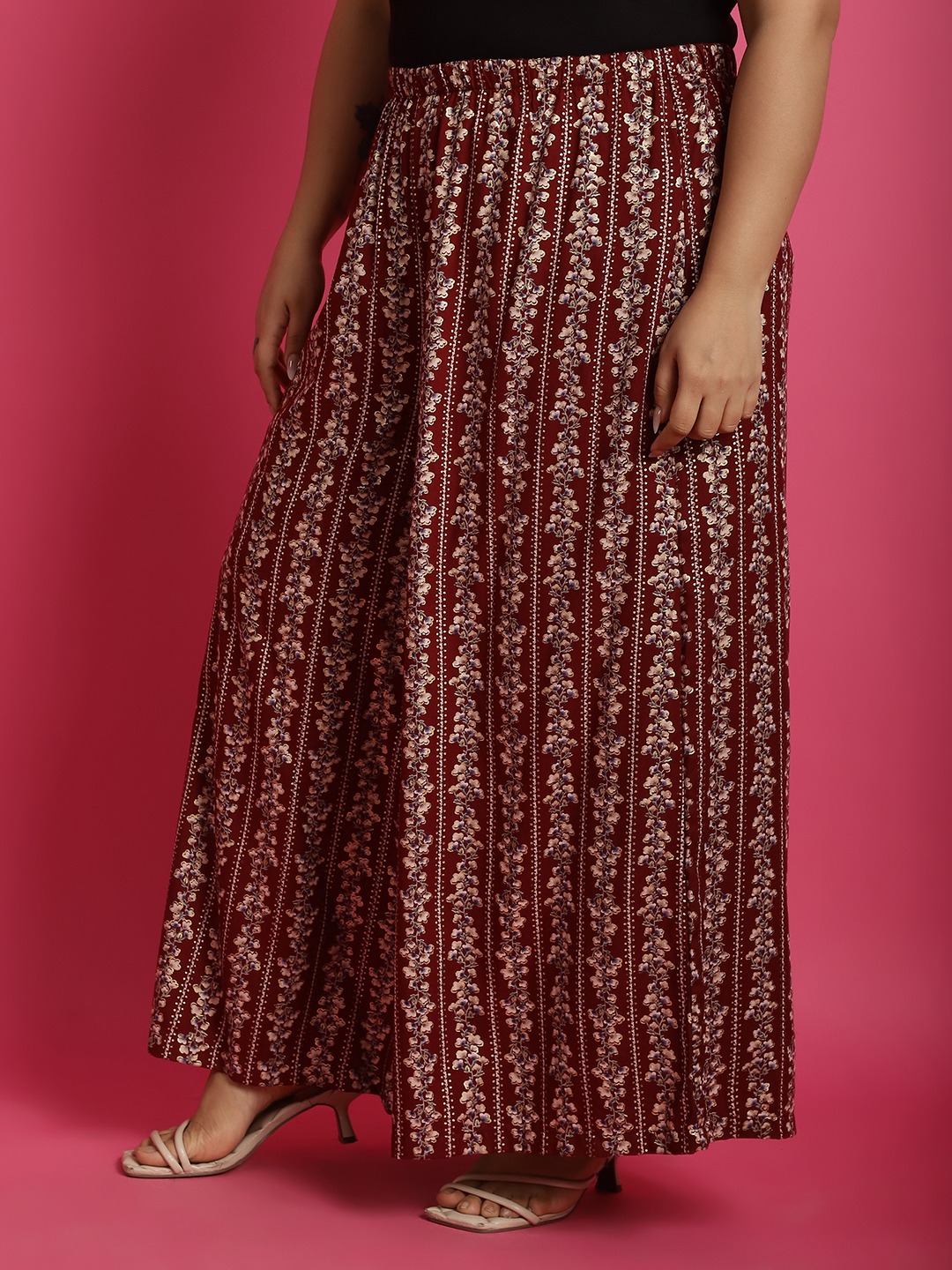 Women's Plus Size Maroon Beige & Gold floral printed casual Palazzo