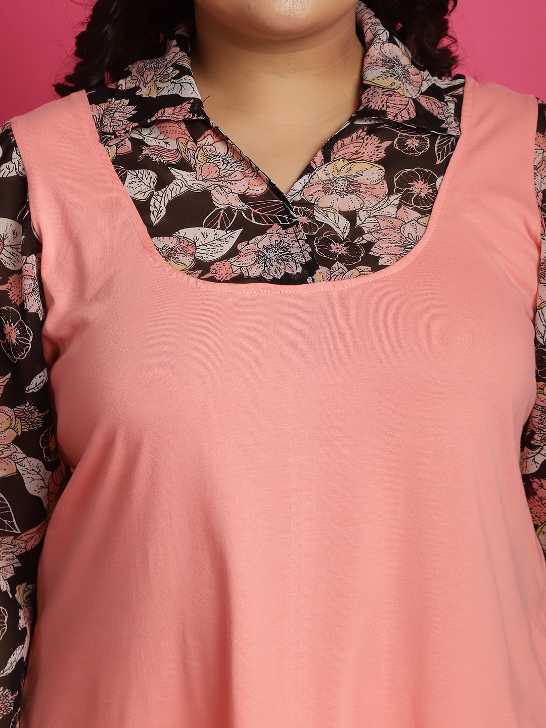 Women's Plus Size Black White and Pink floral printed Top