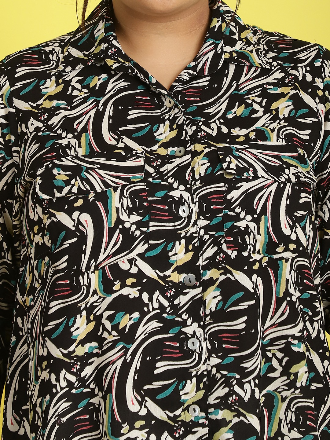 Women's Plus Size Black abstract printed casual shirt