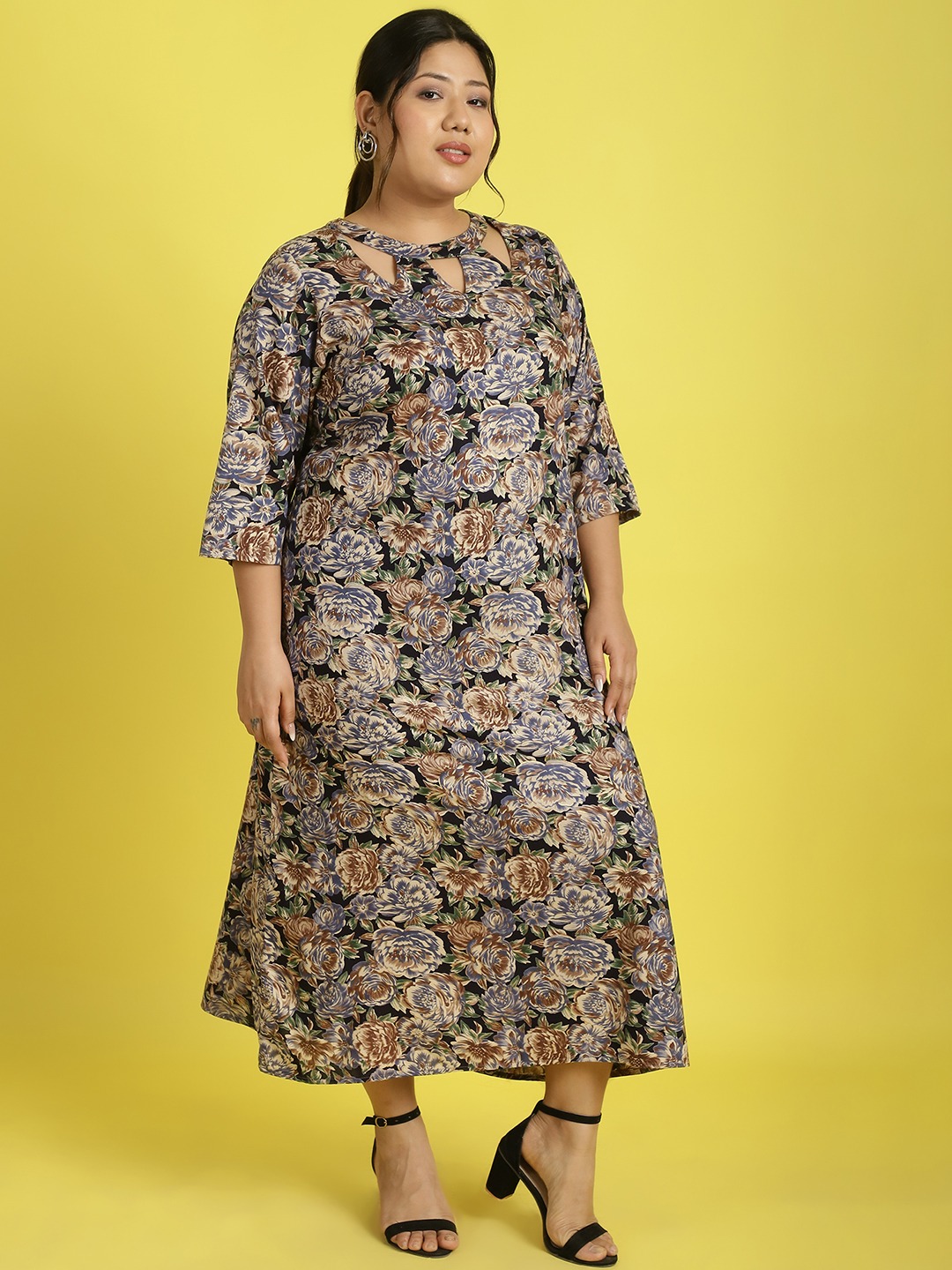 Women's Plus Size Navy Rose floral printed A-Line Midi dress