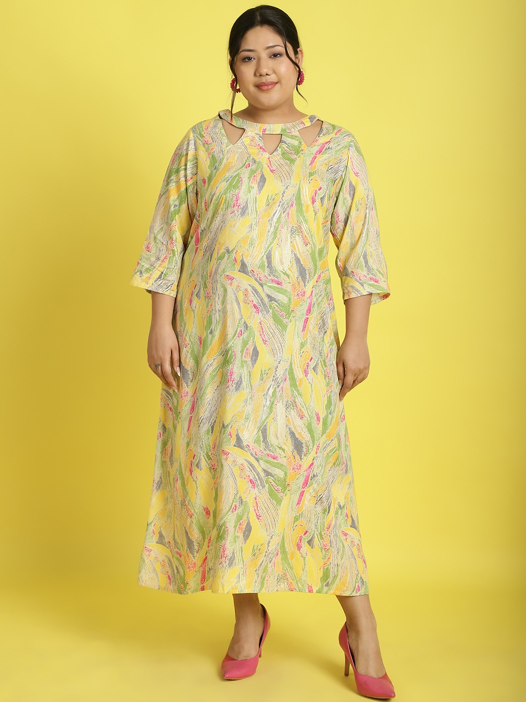 Women's Plus Size Yellow Gold Foil printed A-Line Midi dress