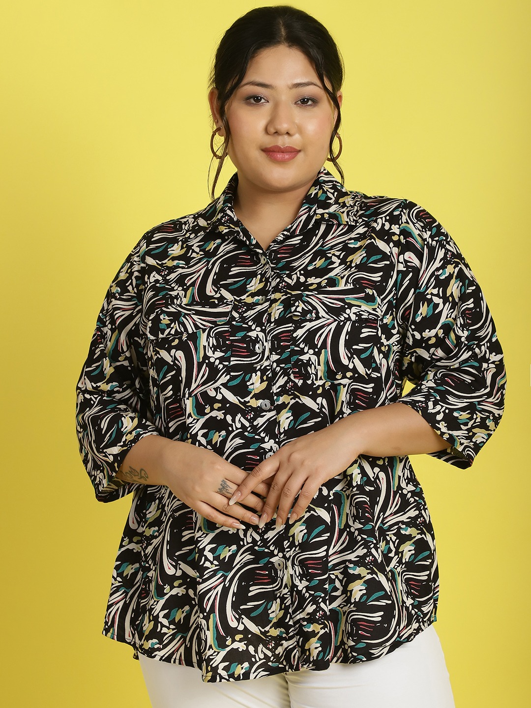 Women's Plus Size Black abstract printed casual shirt