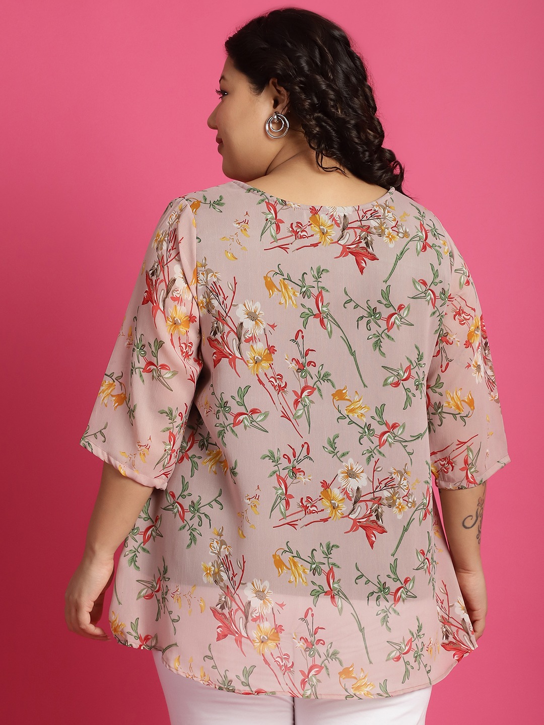 Women's Plus Size Pink & Olive Floral Printed Georgette Layered Longline Top with attached cotton Top