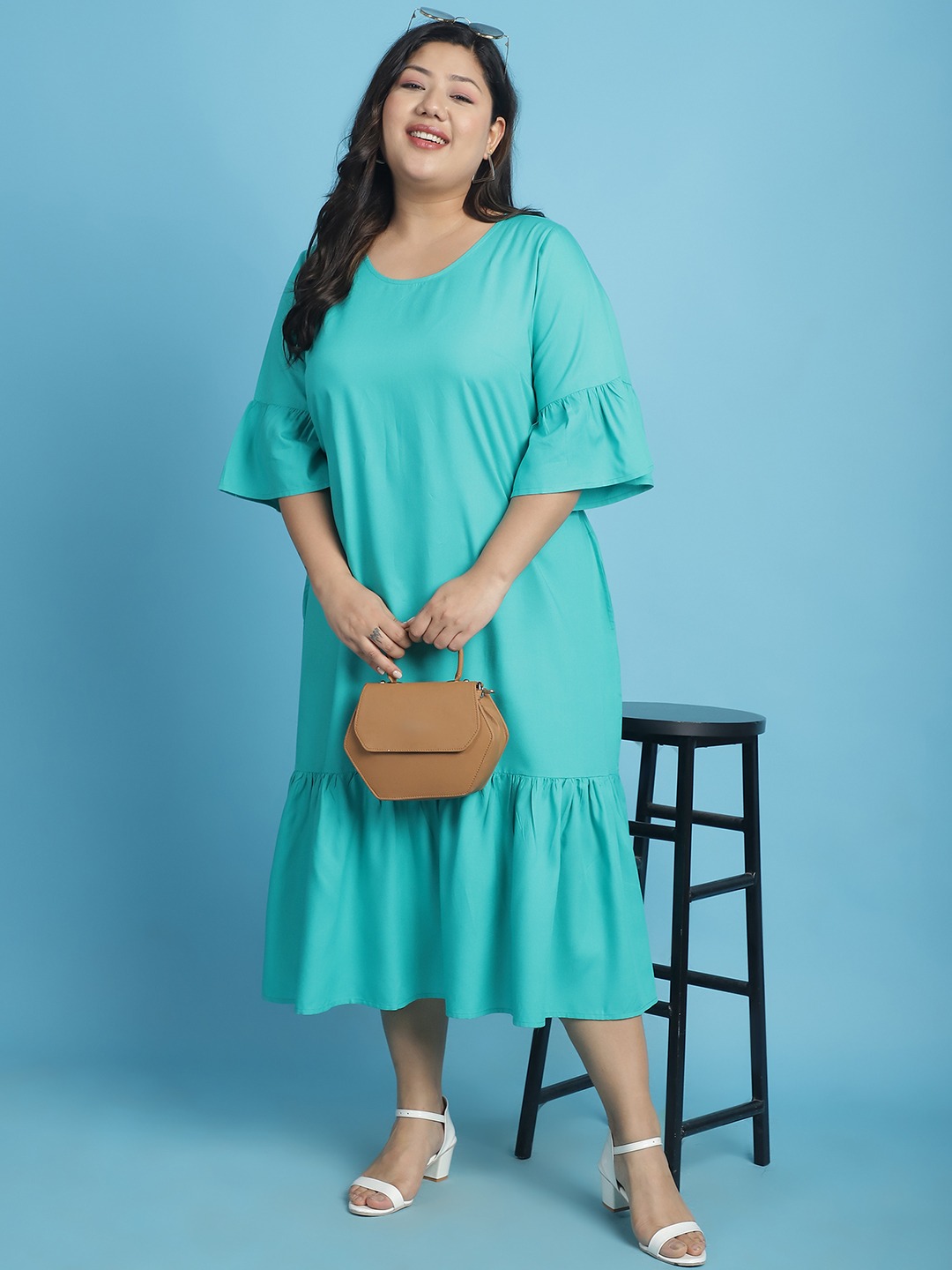 Women's Plus Size Teal Solid Color A-Line Midi Dress