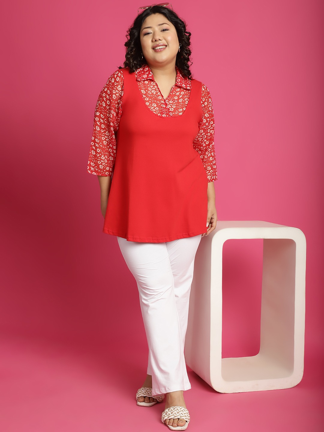 Women's Plus Size Red & White floral printed Top