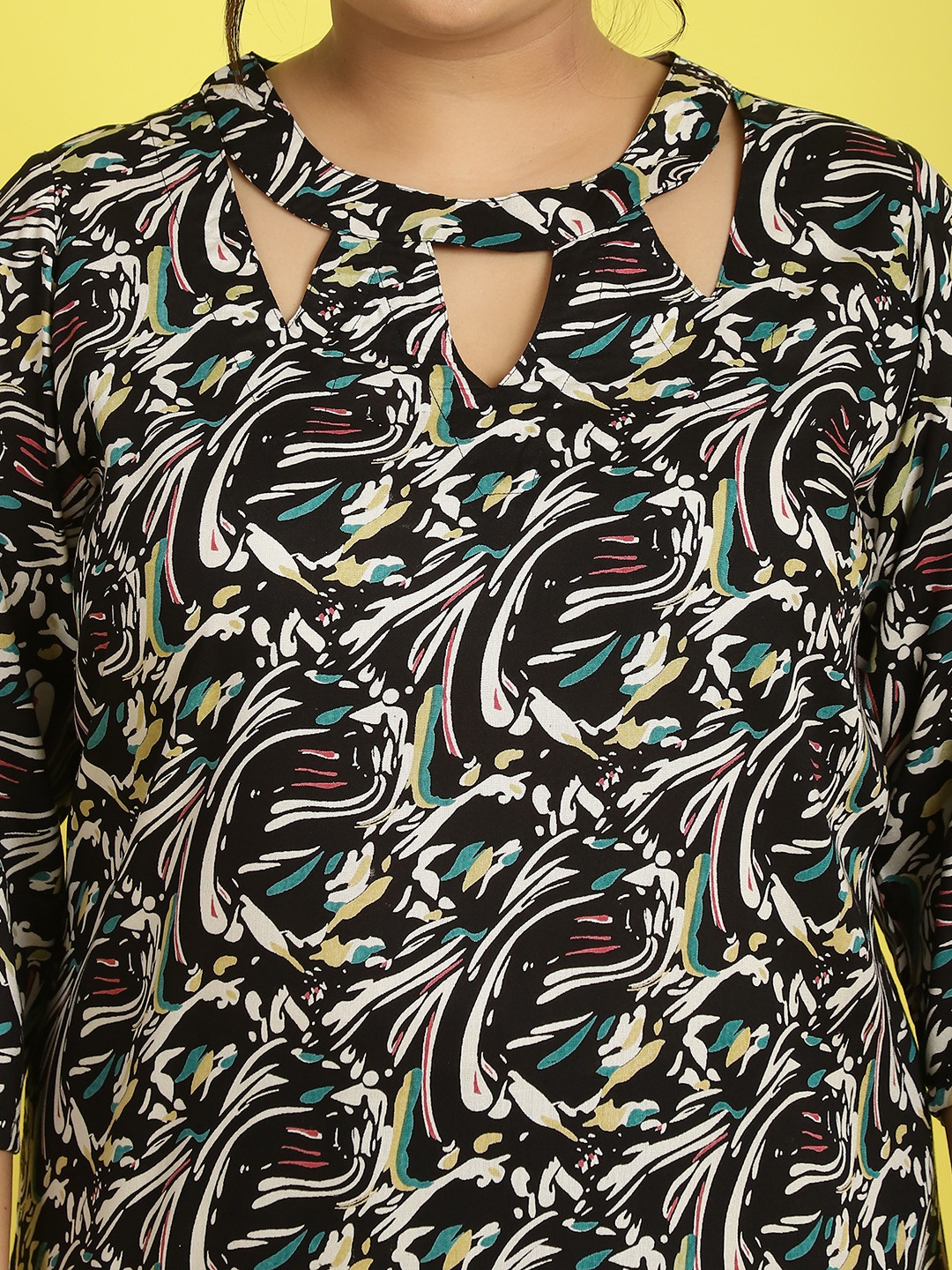 Women's Plus Size Black abstract printed A-Line Midi dress