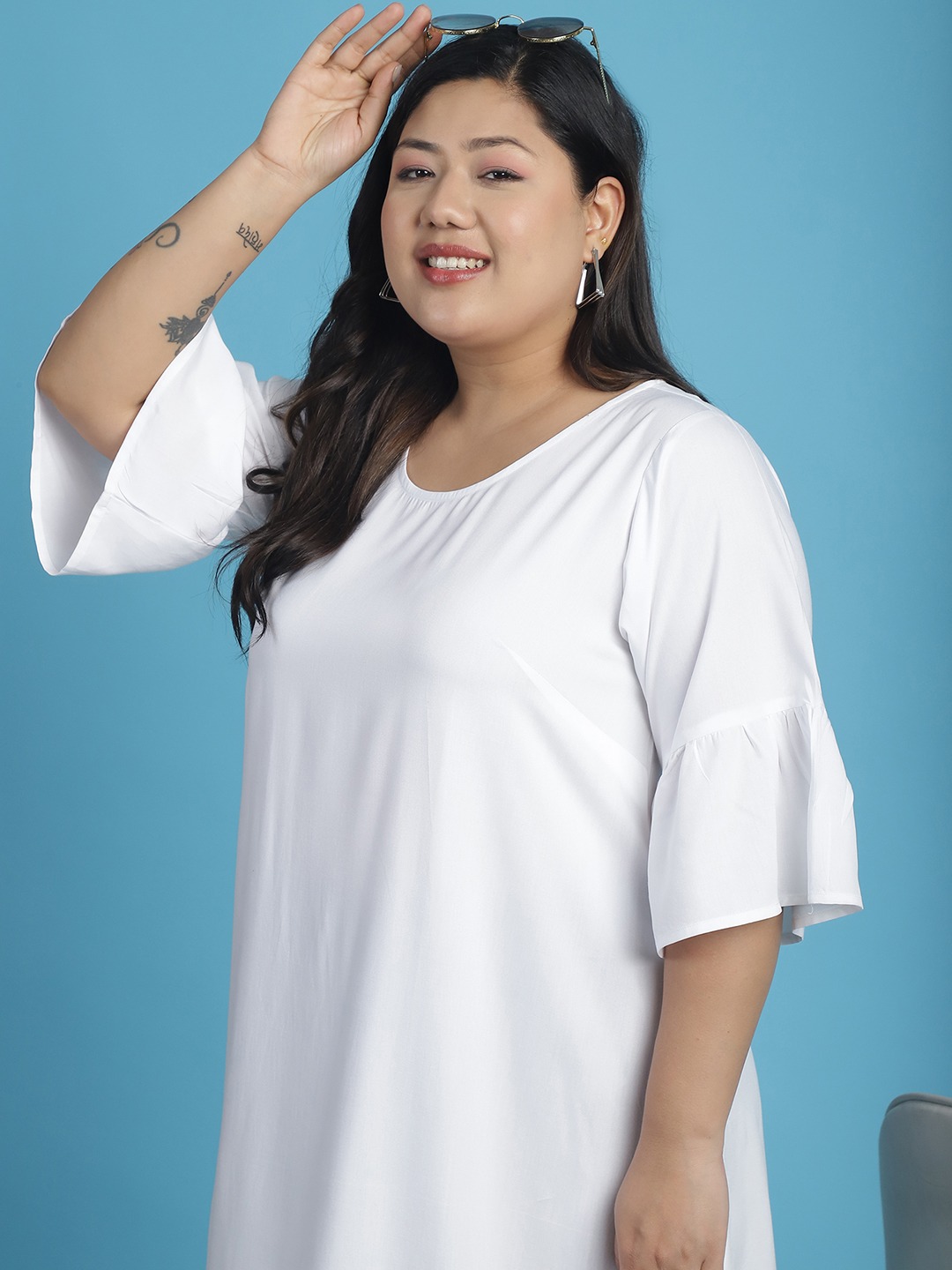 Women's Plus Size White Solid Color A-Line Midi Dress