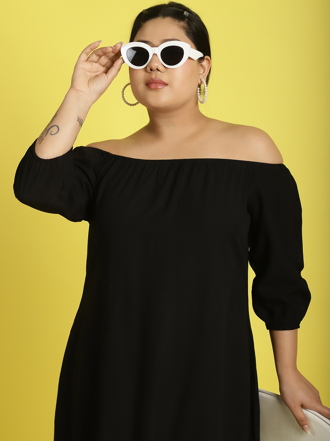 Women's Plus Size Black Solid Color gather A-Line Dress