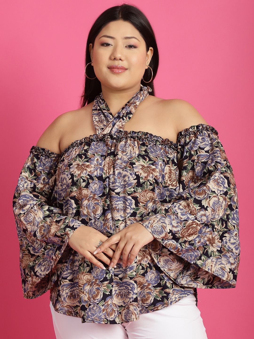 Women's Plus Size Navy Rose floral printed halter Neck Top