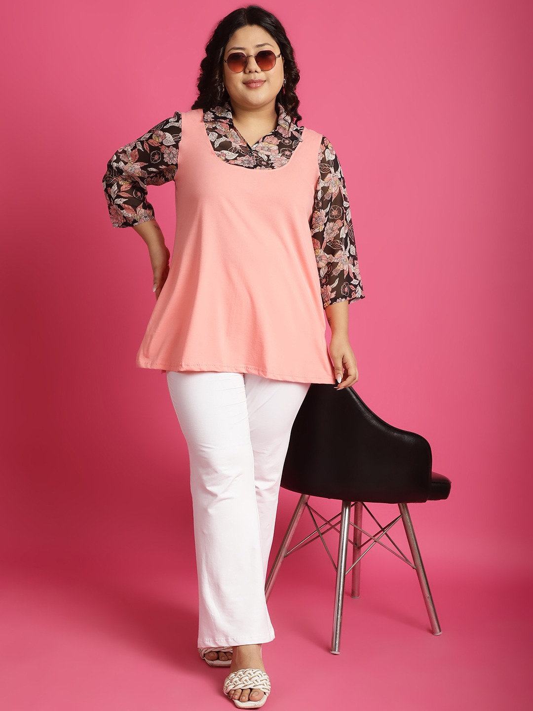 Women's Plus Size Black White and Pink floral printed Top