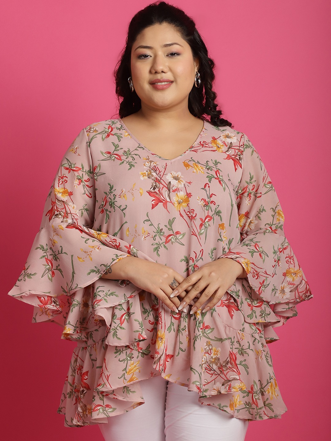 Women's Plus SizePink Red & Green Floral Printed Georgette Longline Wrap Top