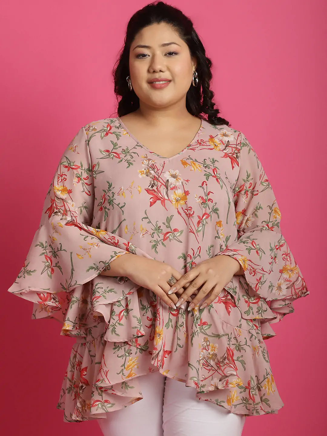 Women's Plus SizePink Red & Green Floral Printed Georgette Longline Wrap Top