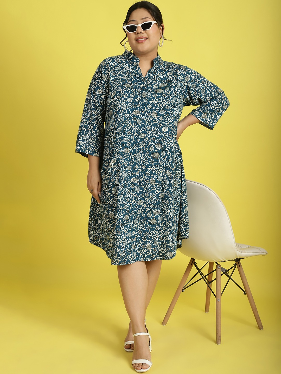 theRebelinme Plus Size Women's Teal floral batik printed Shirt Midi dress