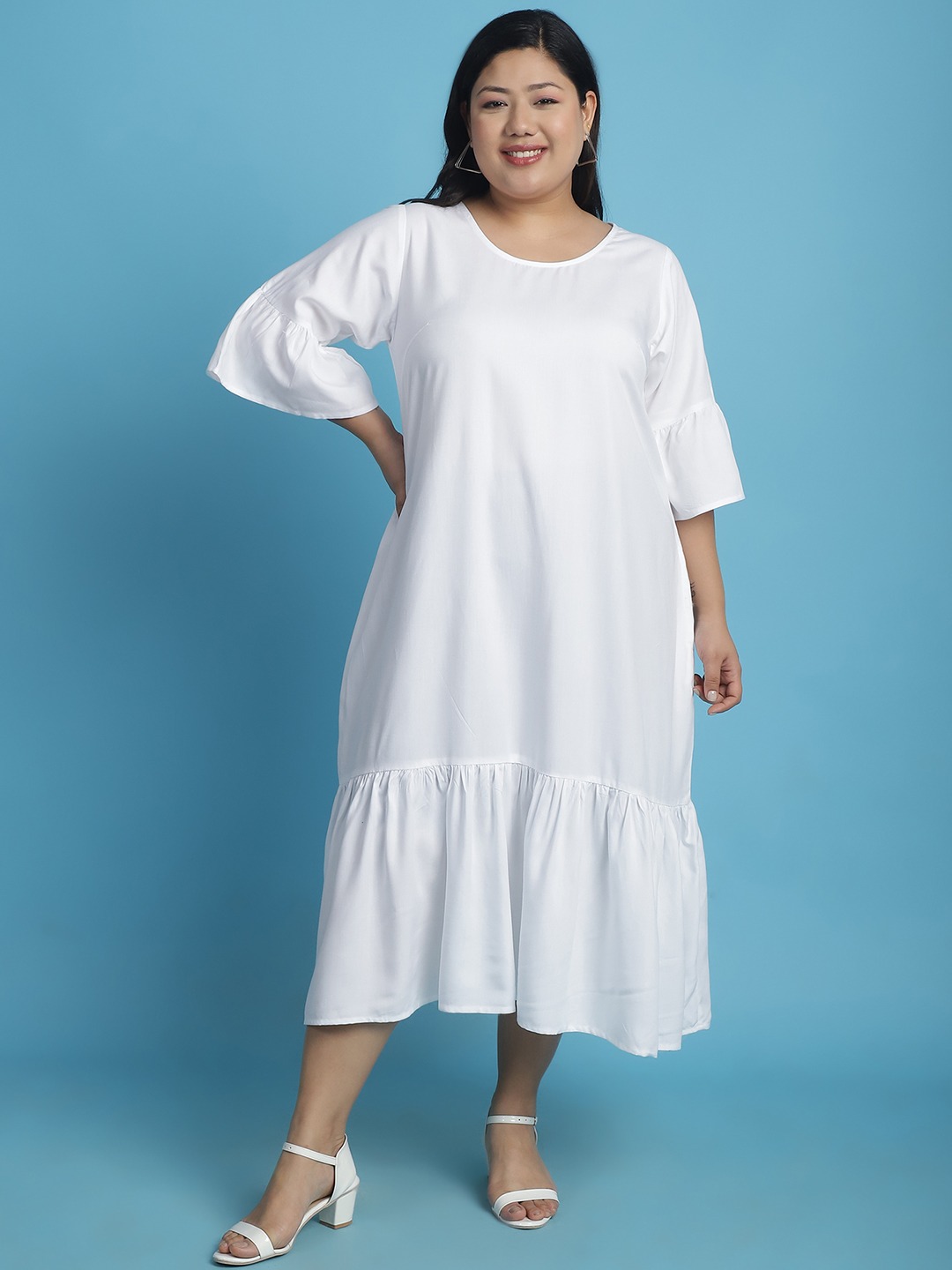 Women's Plus Size White Solid Color A-Line Midi Dress