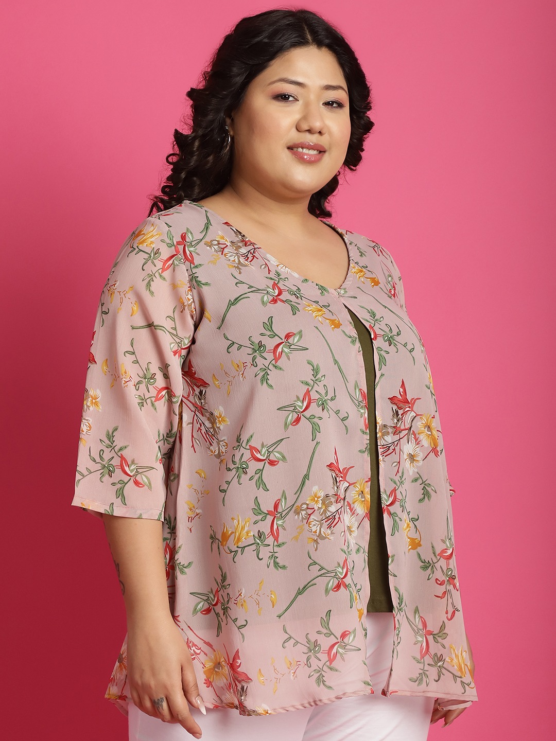 Women's Plus Size Pink & Olive Floral Printed Georgette Layered Longline Top with attached cotton Top