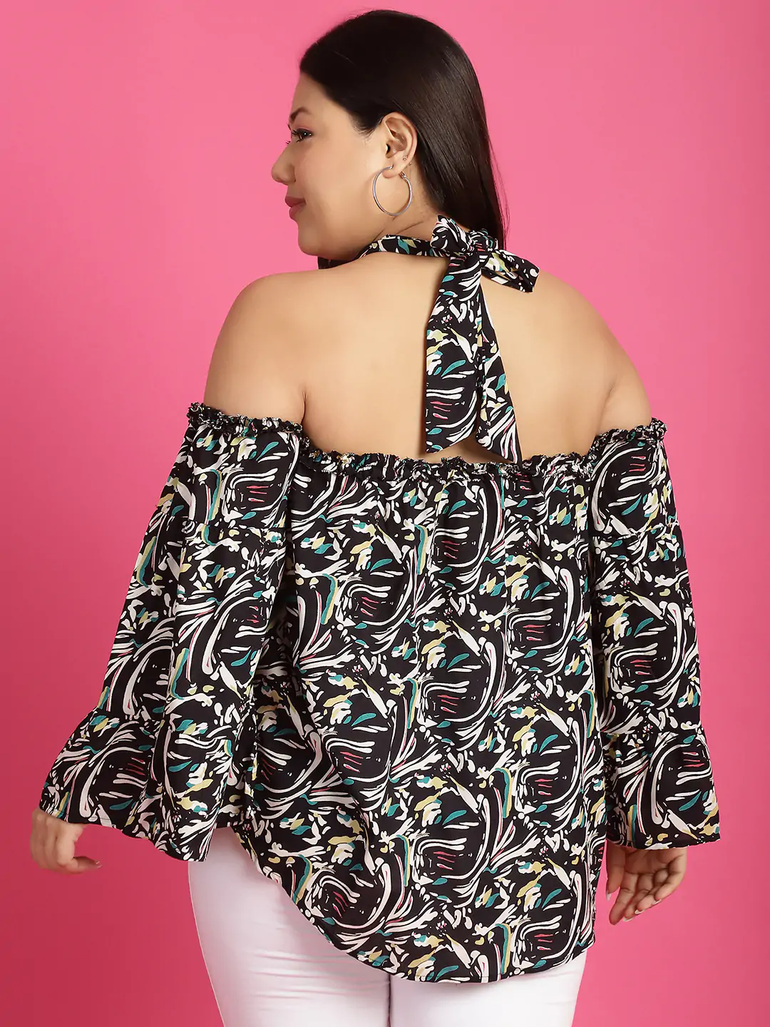 Women's Plus Size Black abstract printed halter Neck Top