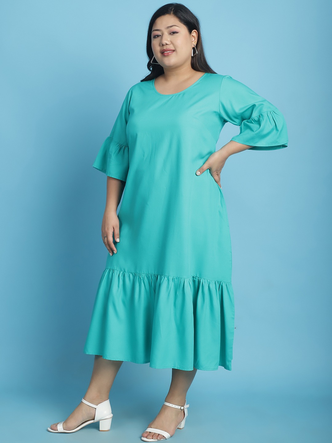 Women's Plus Size Teal Solid Color A-Line Midi Dress