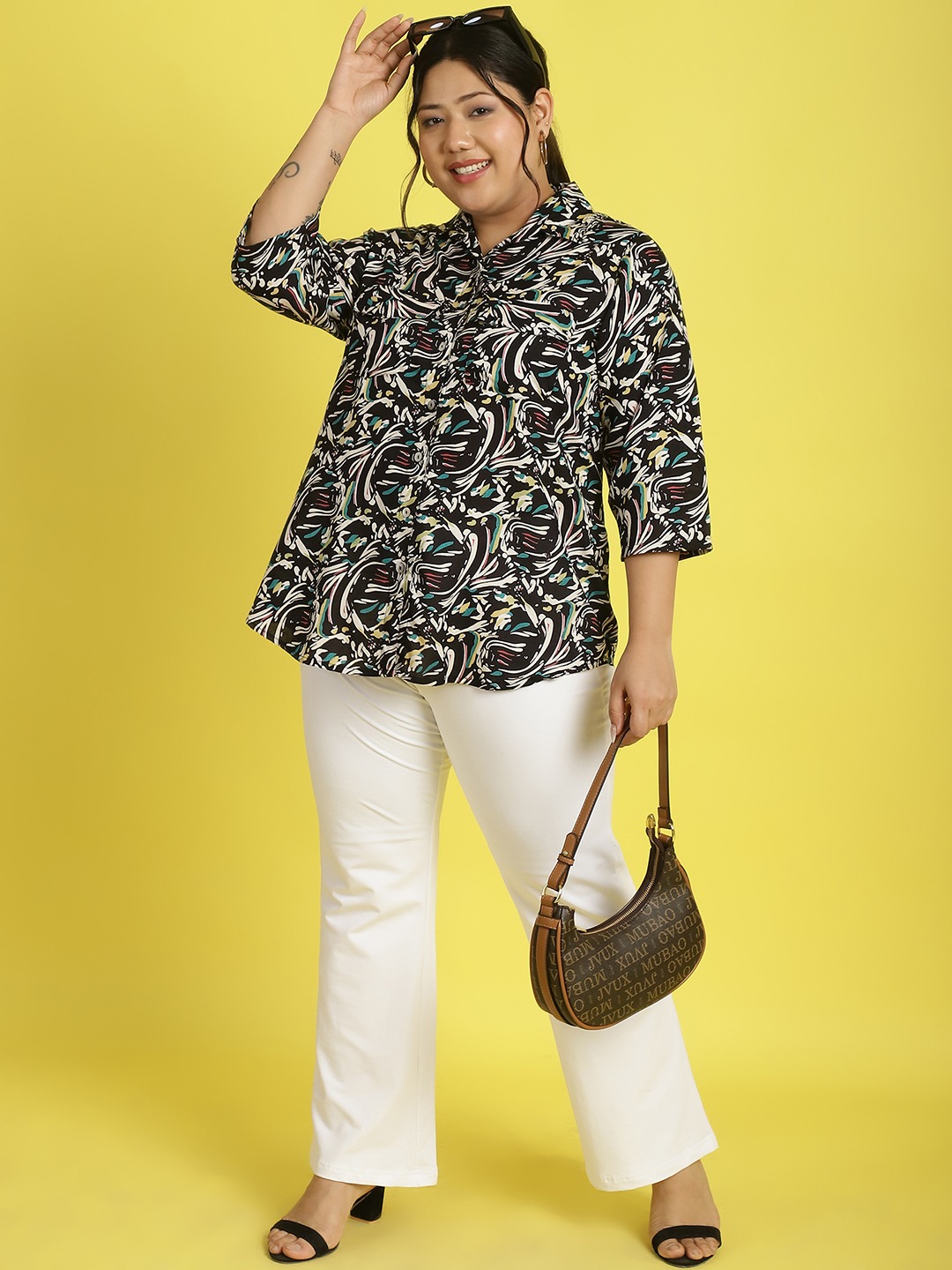 Women's Plus Size Black abstract printed casual shirt