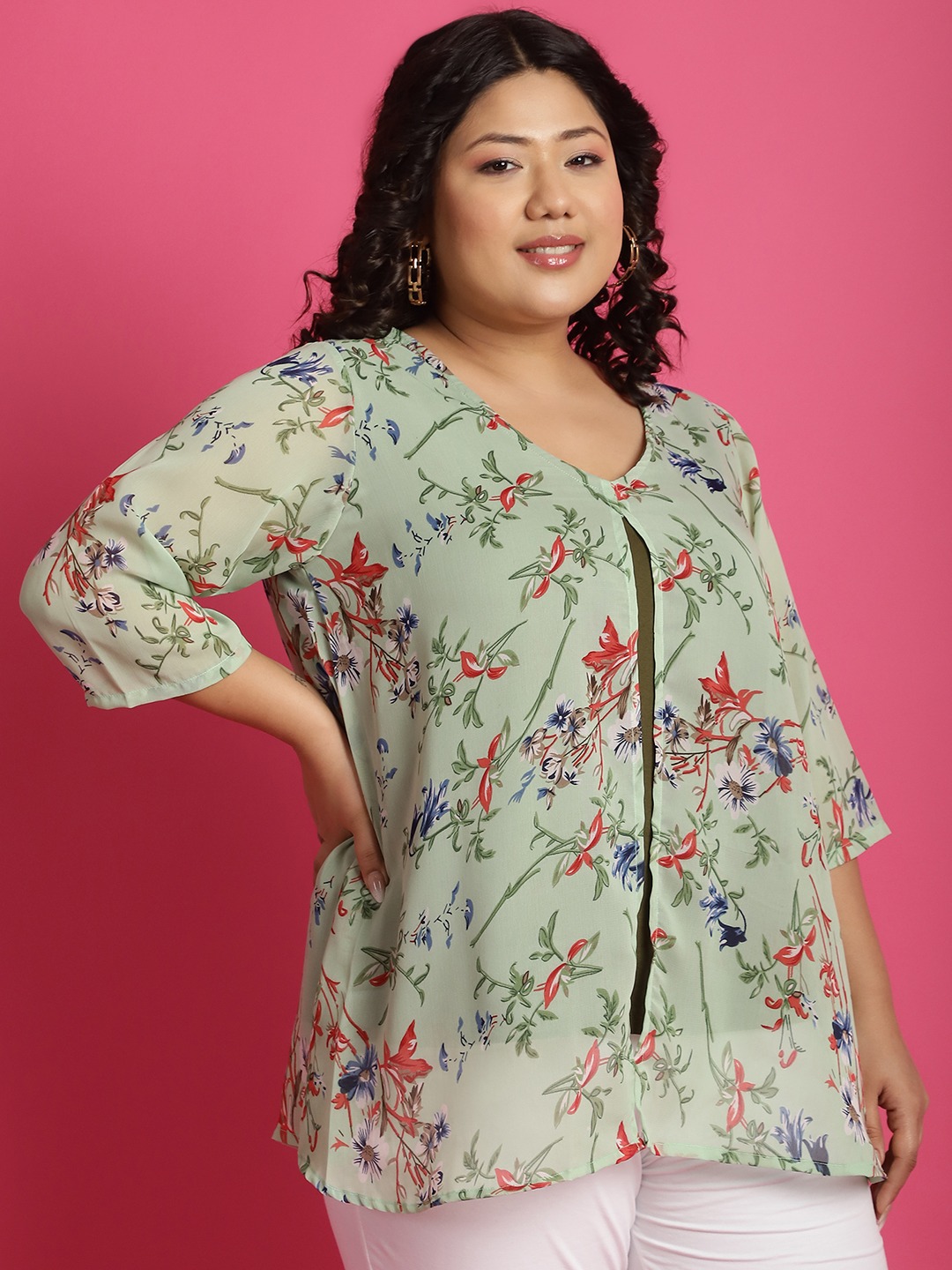 Women's Plus Size Green Sea Green & Red Floral Printed Georgette Layered Longline Top with attached cotton Top