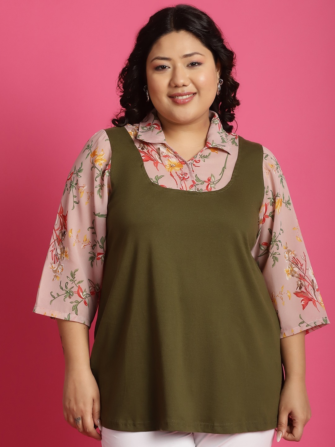Women's Plus Size Pink Red & Green floral printed Top