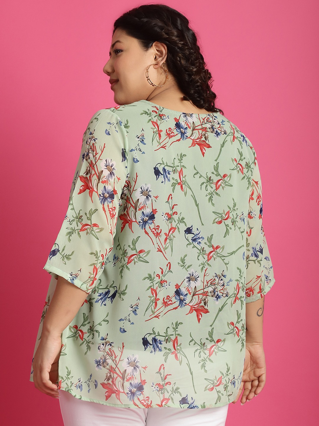 Women's Plus Size Green Sea Green & Red Floral Printed Georgette Layered Longline Top with attached cotton Top