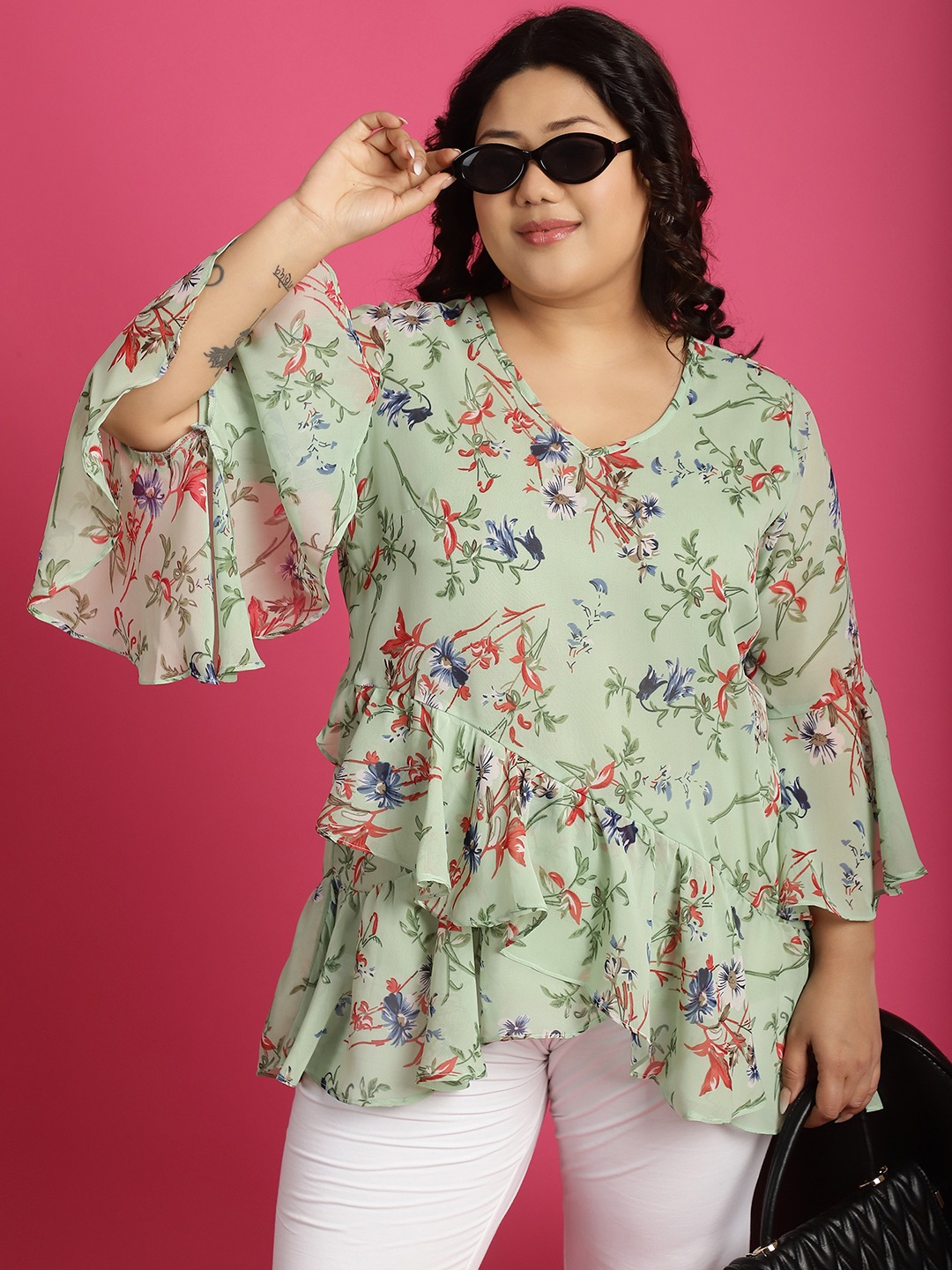 Women's Plus SizeGreen Sea Green and Red Floral Printed Georgette Longline Wrap Top