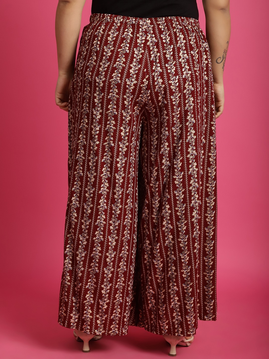 Women's Plus Size Maroon Beige & Gold floral printed casual Palazzo