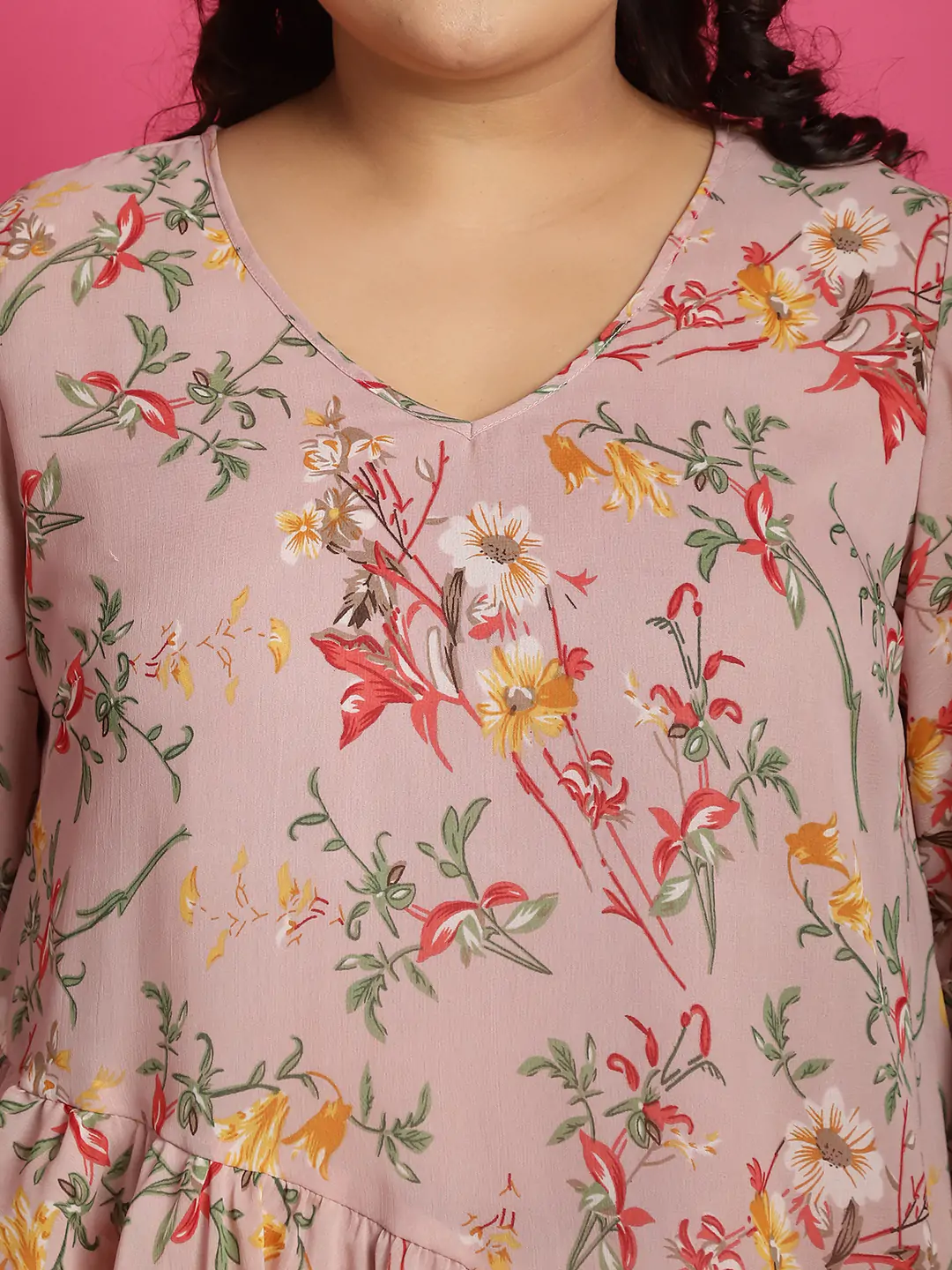 Women's Plus SizePink Red & Green Floral Printed Georgette Longline Wrap Top
