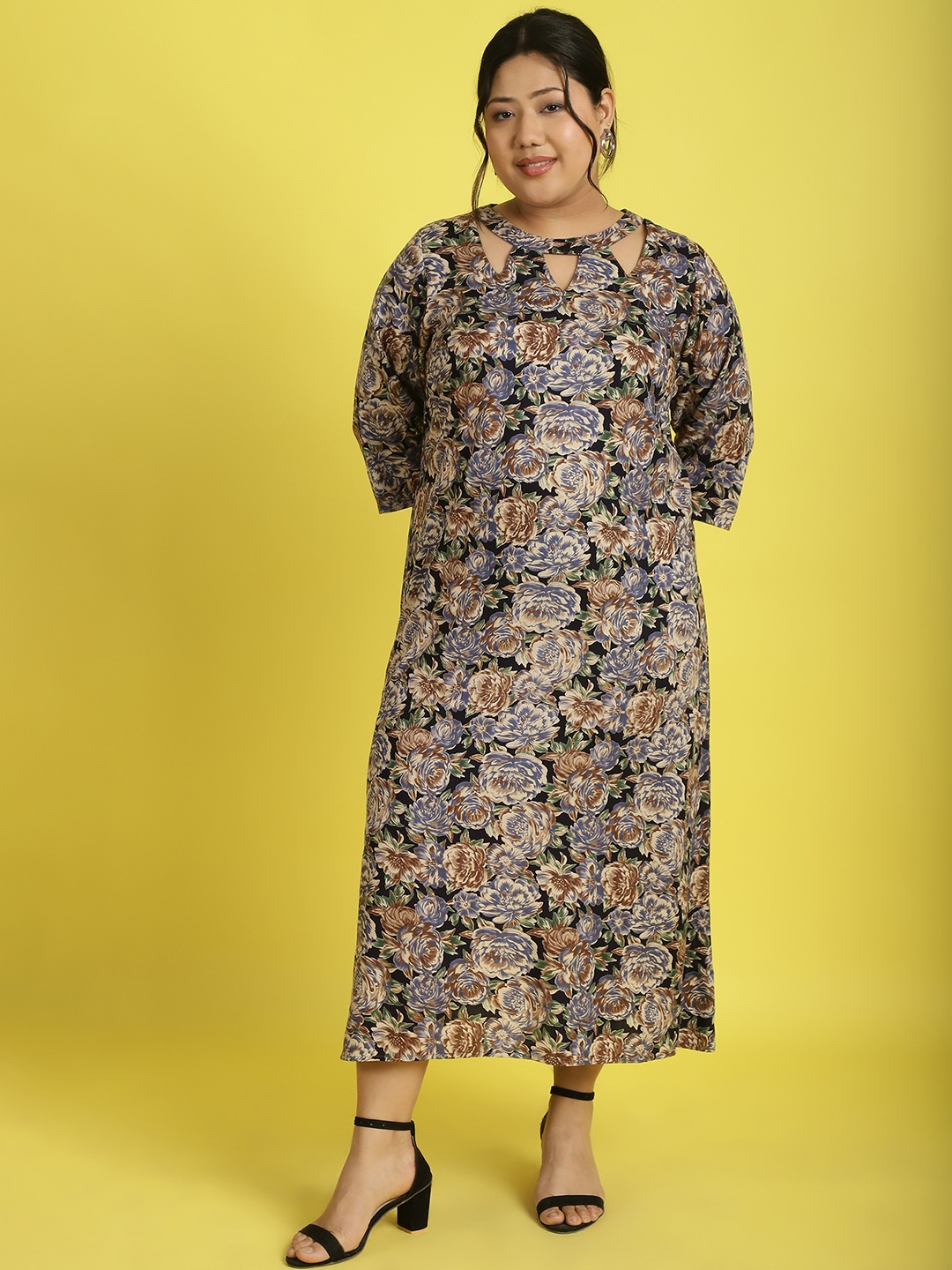 Women's Plus Size Navy Rose floral printed A-Line Midi dress