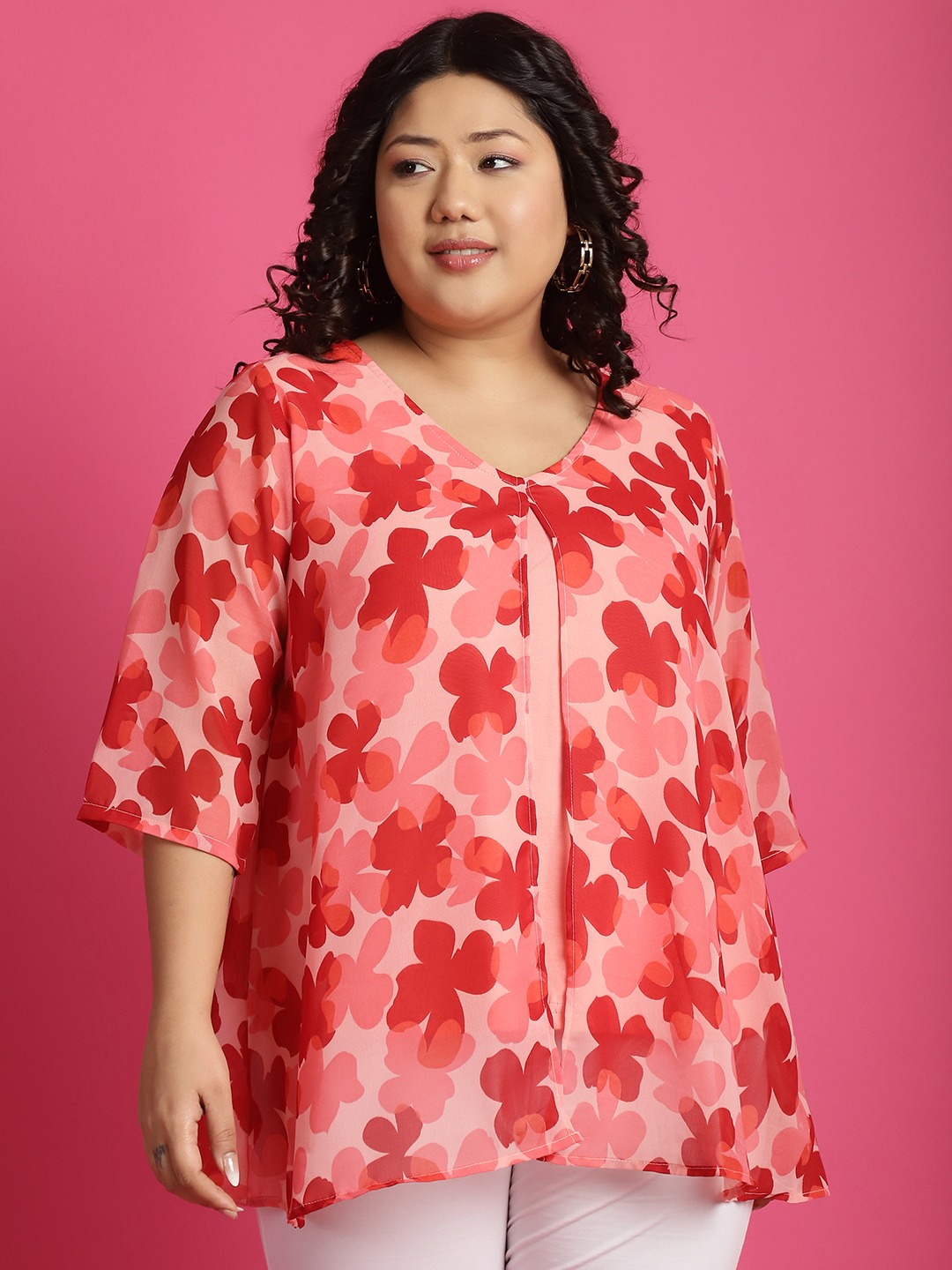 Women's Plus Size Pink Orange & Red Floral Printed Georgette Layered Longline Top with attached cotton Top