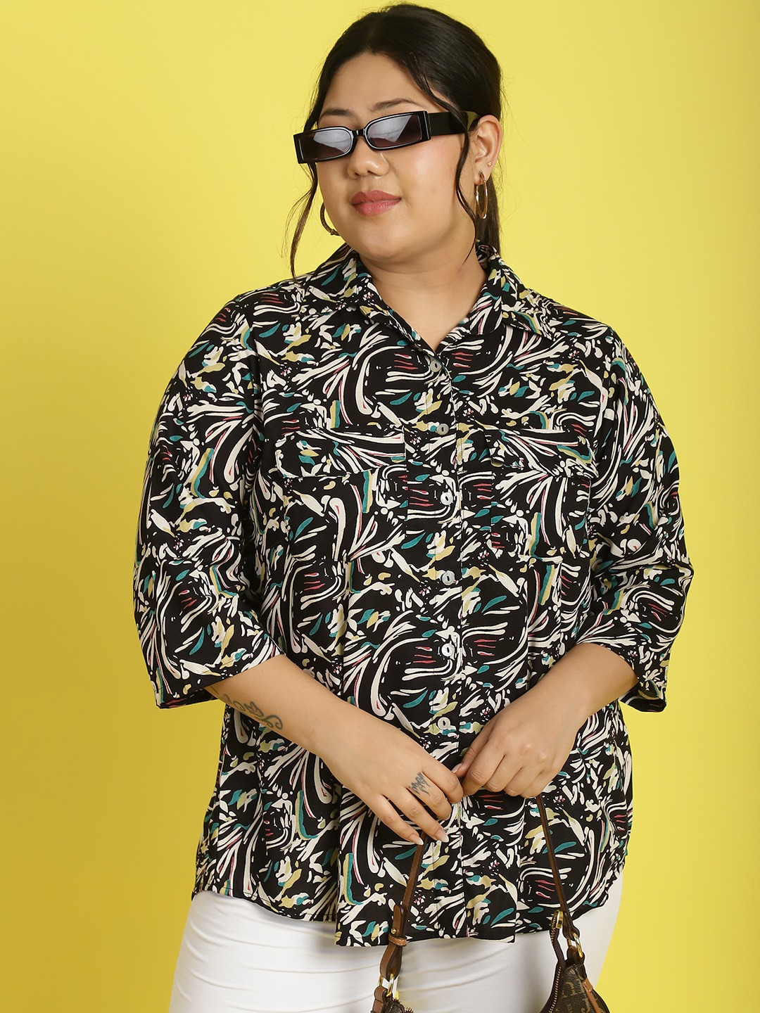 Women's Plus Size Black abstract printed casual shirt