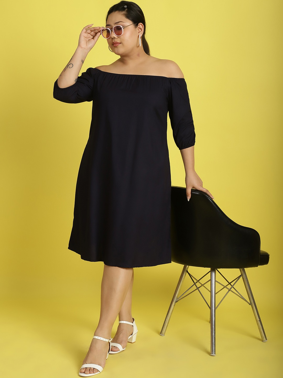 Women's Plus Size Navy Blue Solid Color gather A-Line Dress