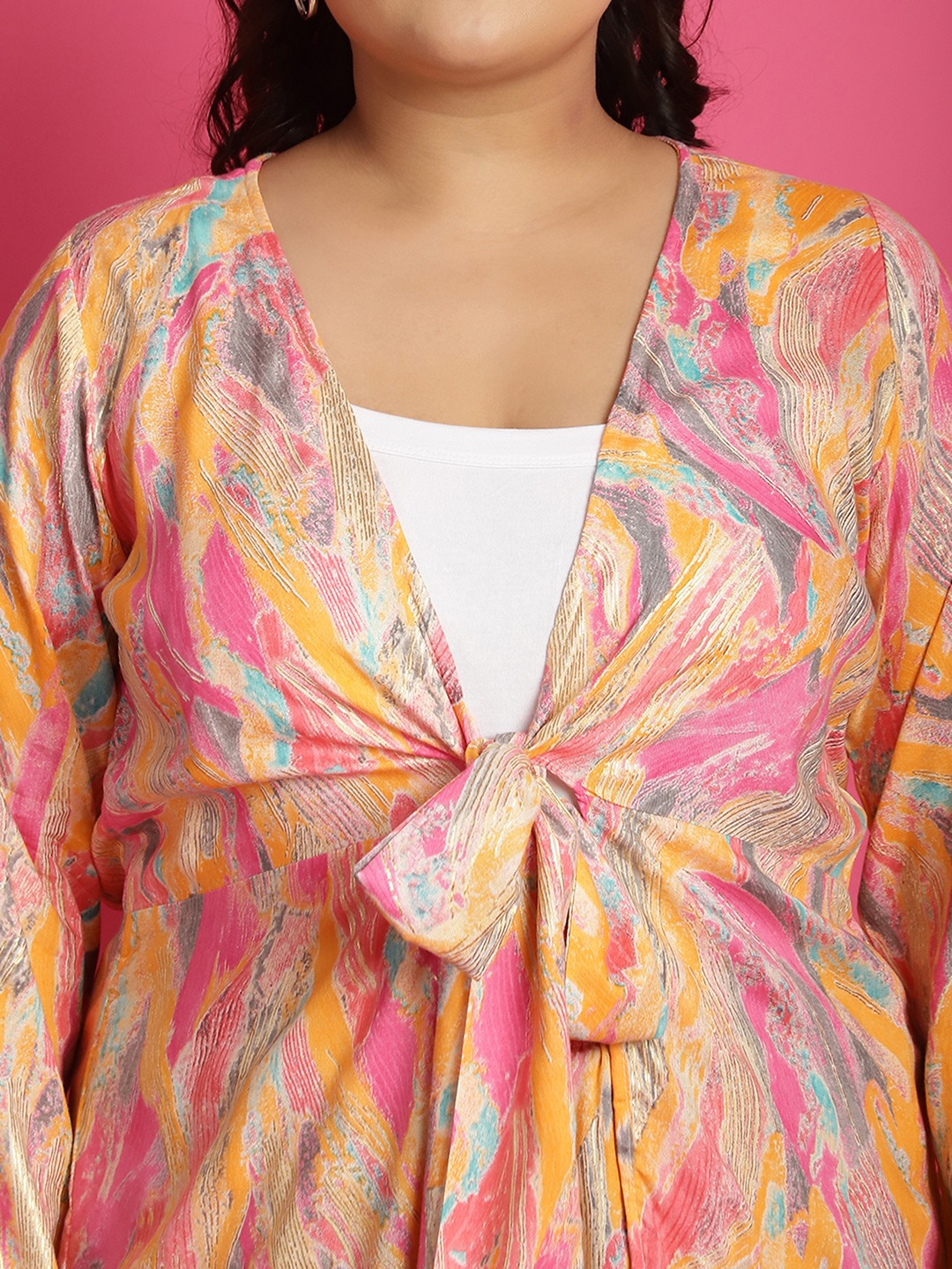 Women's Plus Size Pink Gold Foil printed tie-up shrug