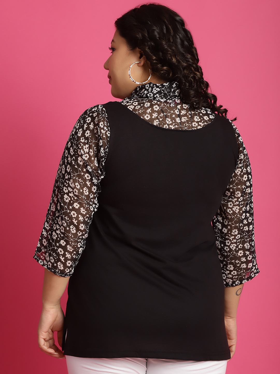 Women's Plus Size Black & White floral printed Top