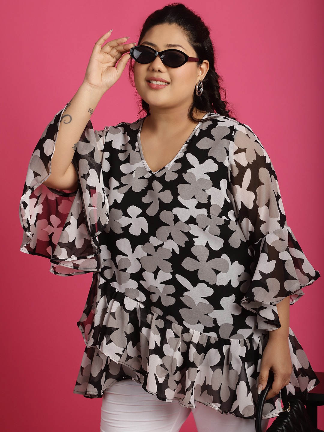 Women's Plus SizeBlack White and Grey Floral Printed Georgette Longline Wrap Top