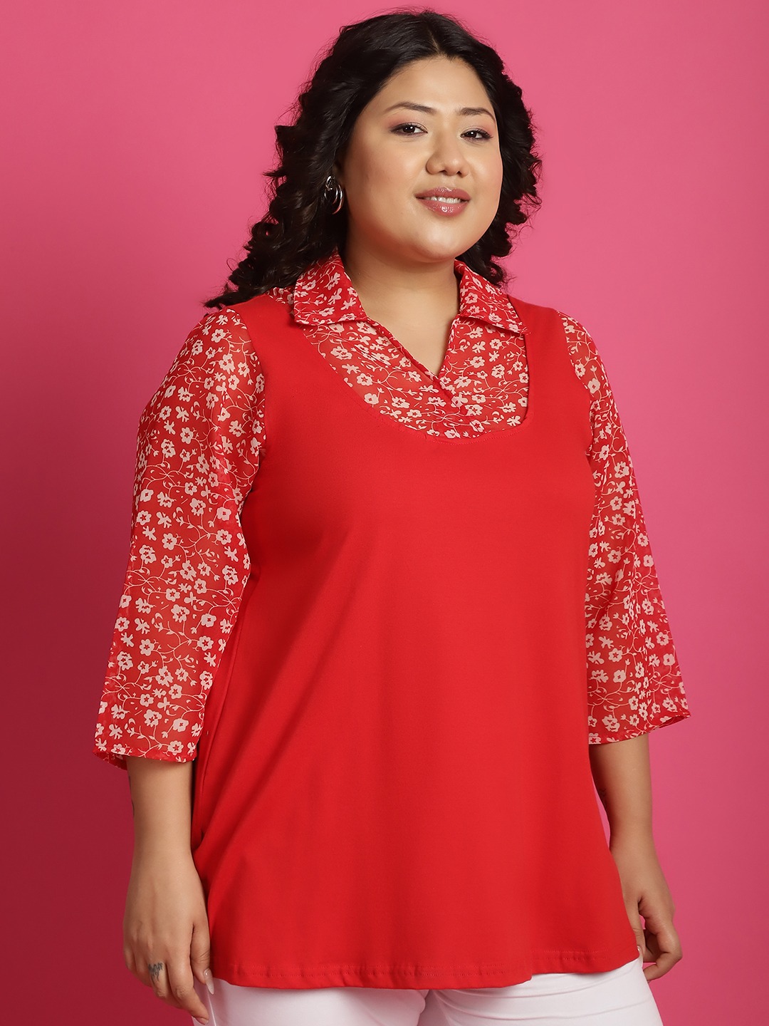 Women's Plus Size Red & White floral printed Top