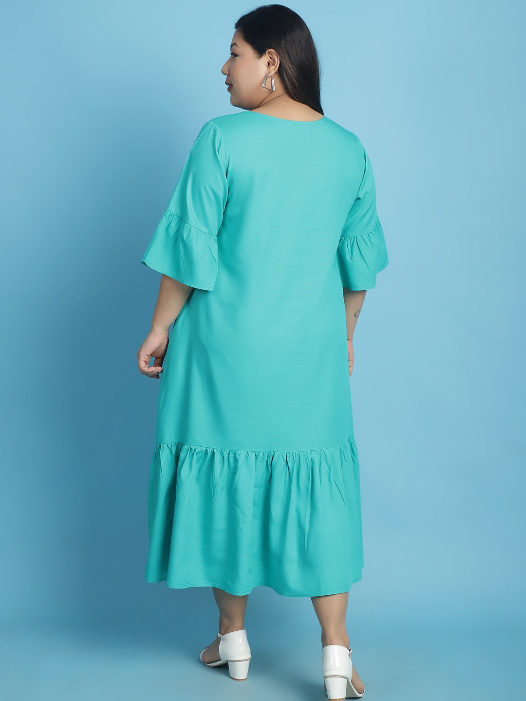 Women's Plus Size Teal Solid Color A-Line Midi Dress