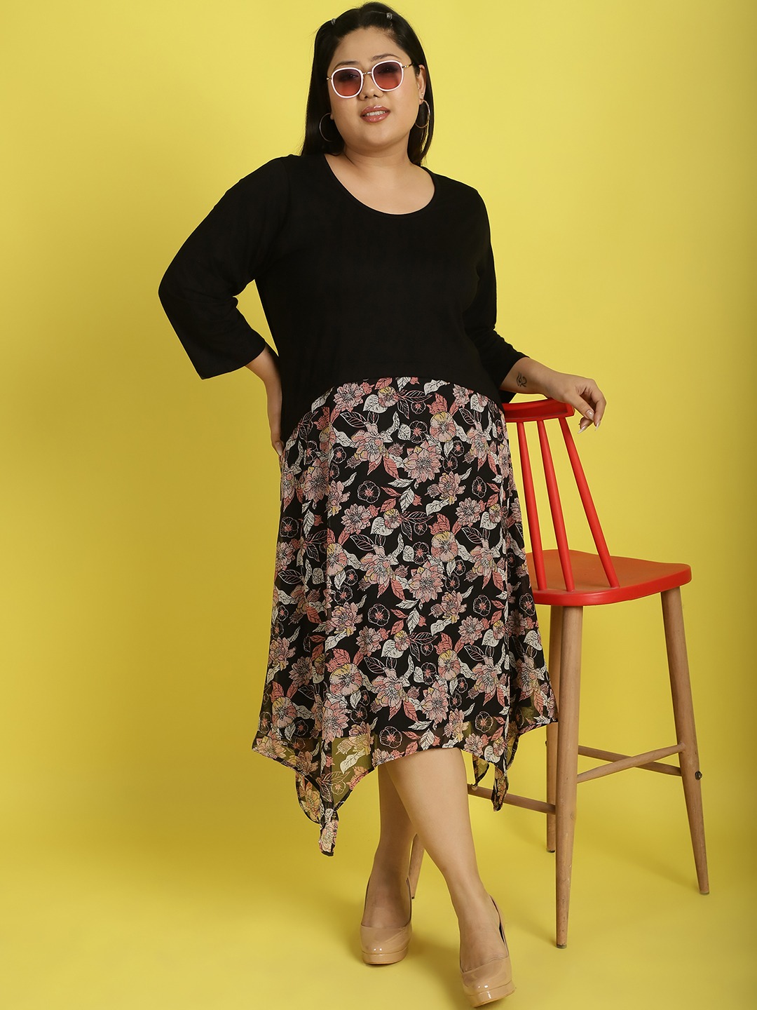 Women's Plus Size Black Pink & White Floral Printed Layered A-Line Midi Dress