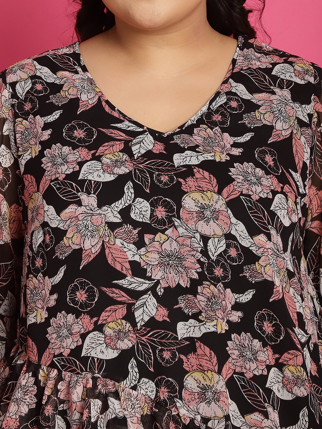 Women's Plus SizeBlack White and Pink Floral Printed Georgette Longline Wrap Top