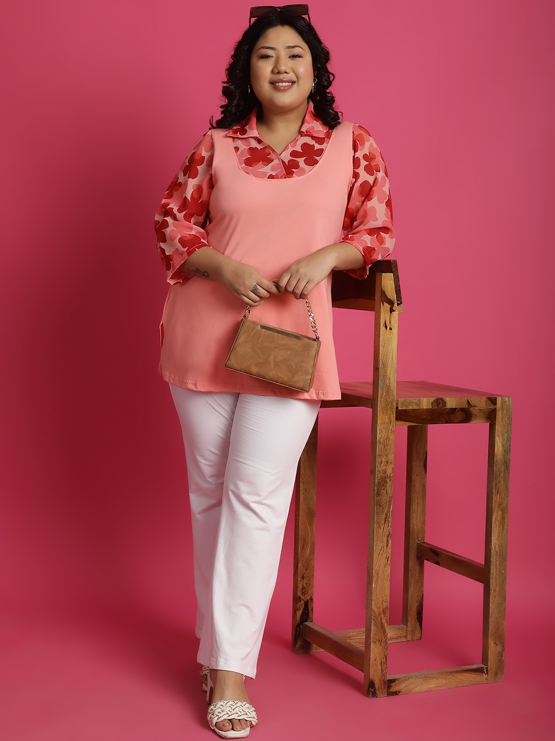 Women's Plus Size Pink Orange & Red floral printed Top