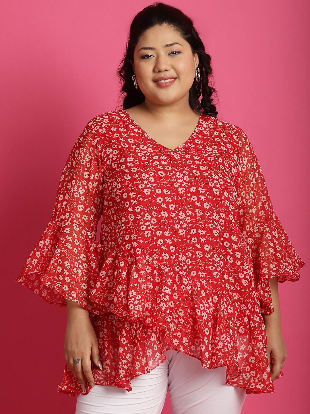Women's Plus SizeRed & White Floral Printed Georgette Longline Wrap Top