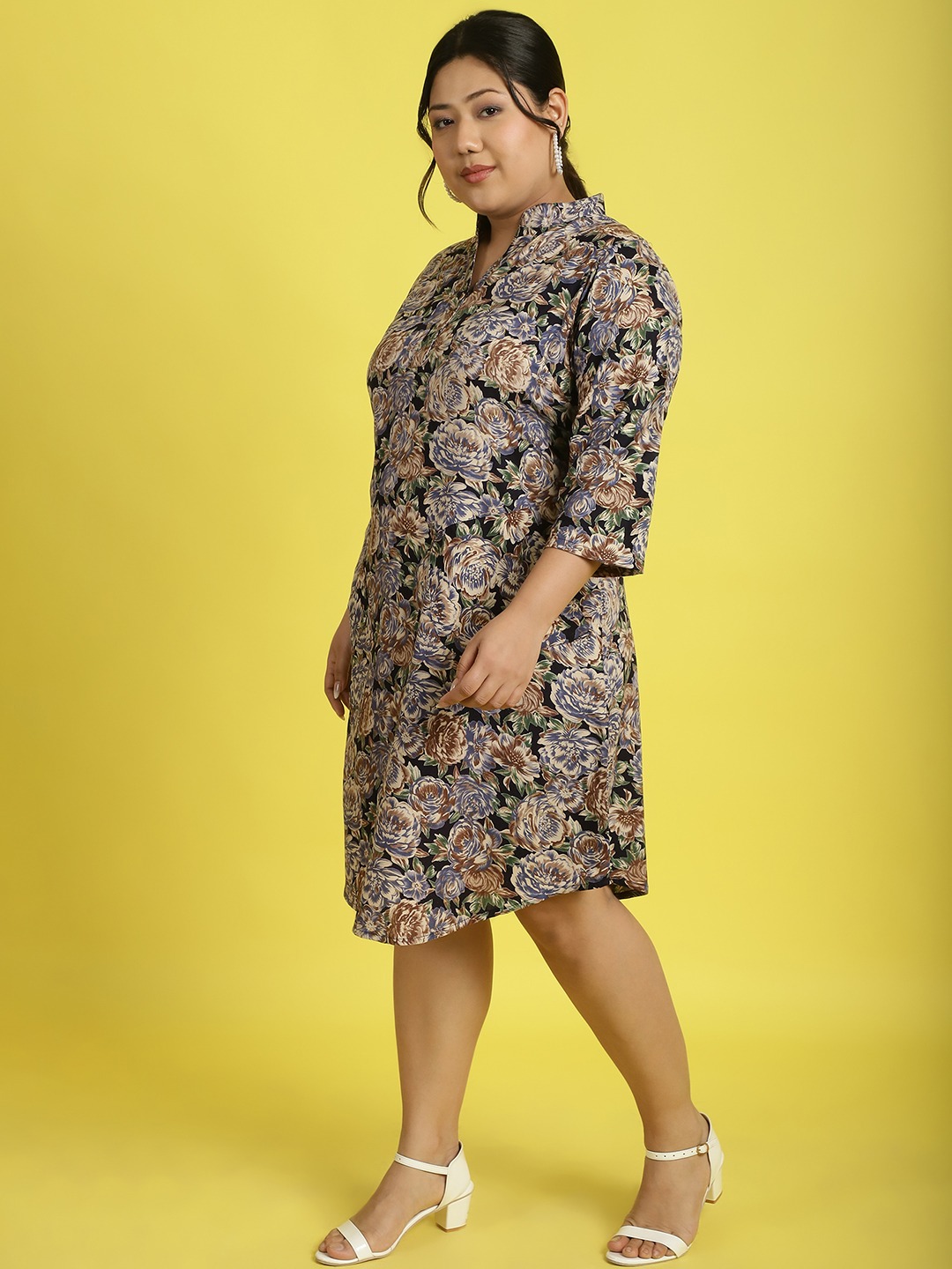 theRebelinme Plus Size Women's Navy Rose floral printed Shirt Midi dress