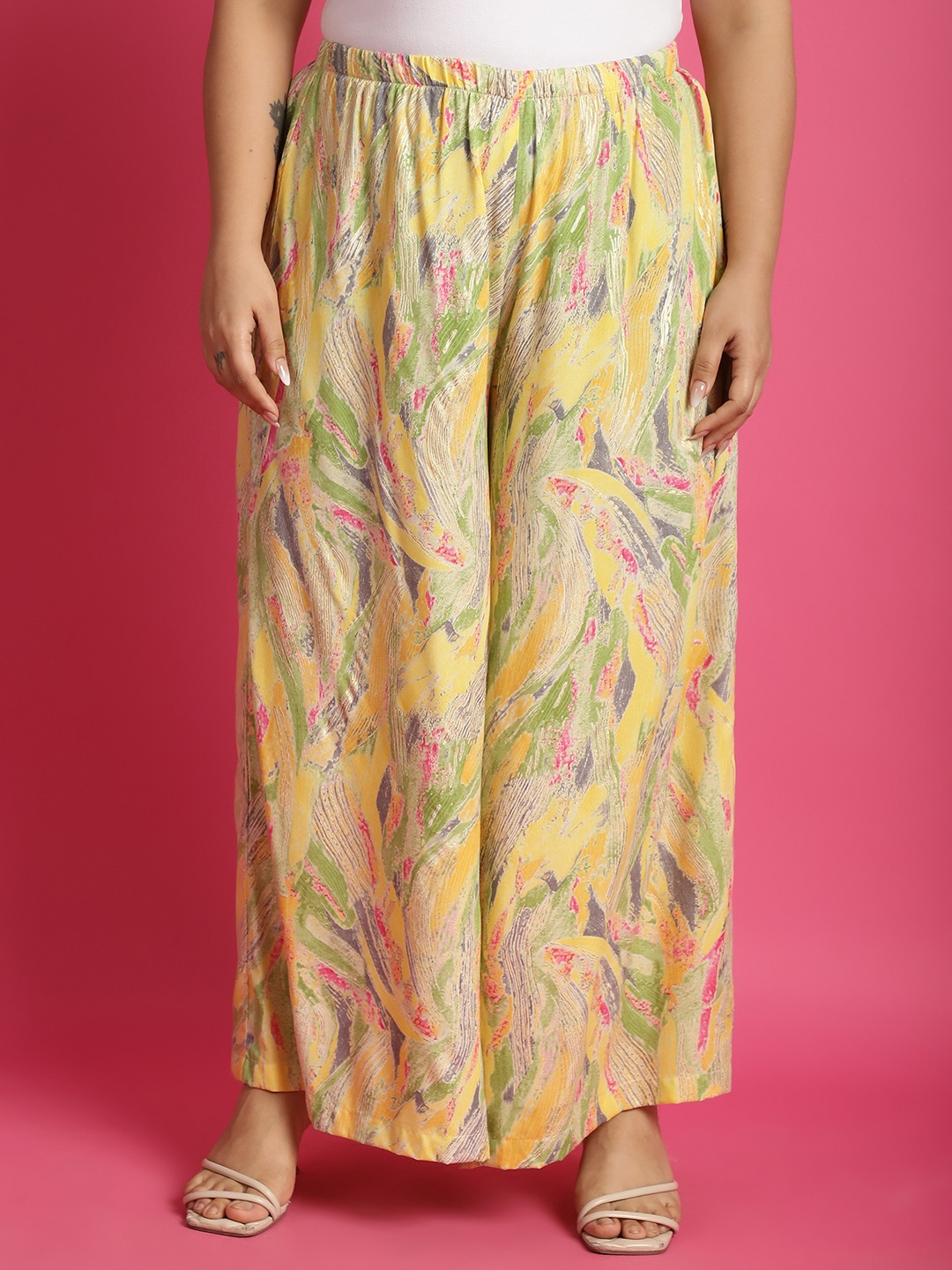 Women's Plus Size Yellow Gold Foil printed casual Palazzo
