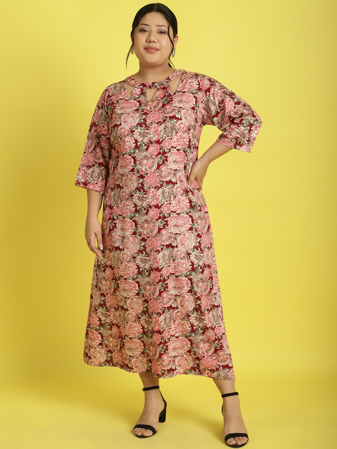 Women's Plus Size Maroon Rose floral printed A-Line Midi dress