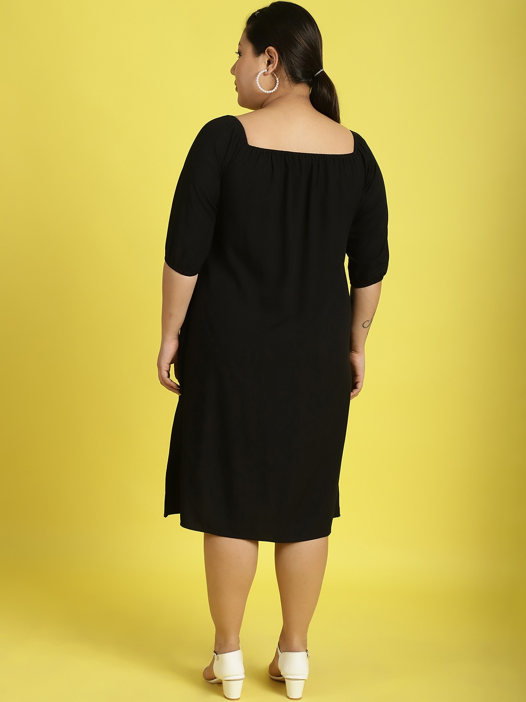 Women's Plus Size Black Solid Color gather A-Line Dress